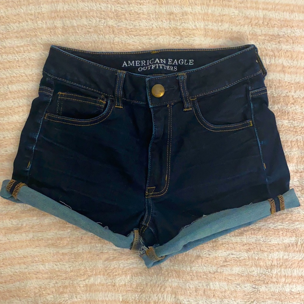 AEO high rise shortie denim shorts